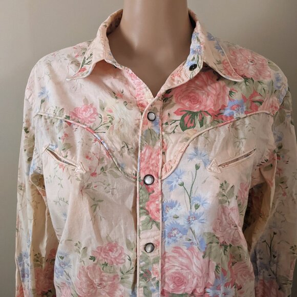 Vintage Lauren Ralph Lauren pink floral pearl snaps shirt, women's large - Picture 4 of 11